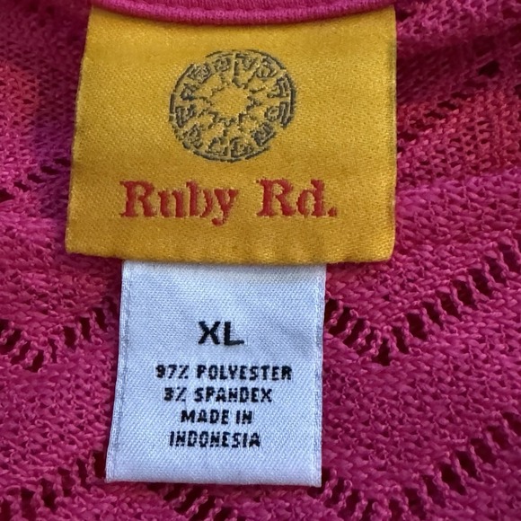 Ruby Rd XL Shirt Top Fuchsia Pink Short Sleeve Scoop Neck Sheer Knit Peplum - Picture 6 of 7